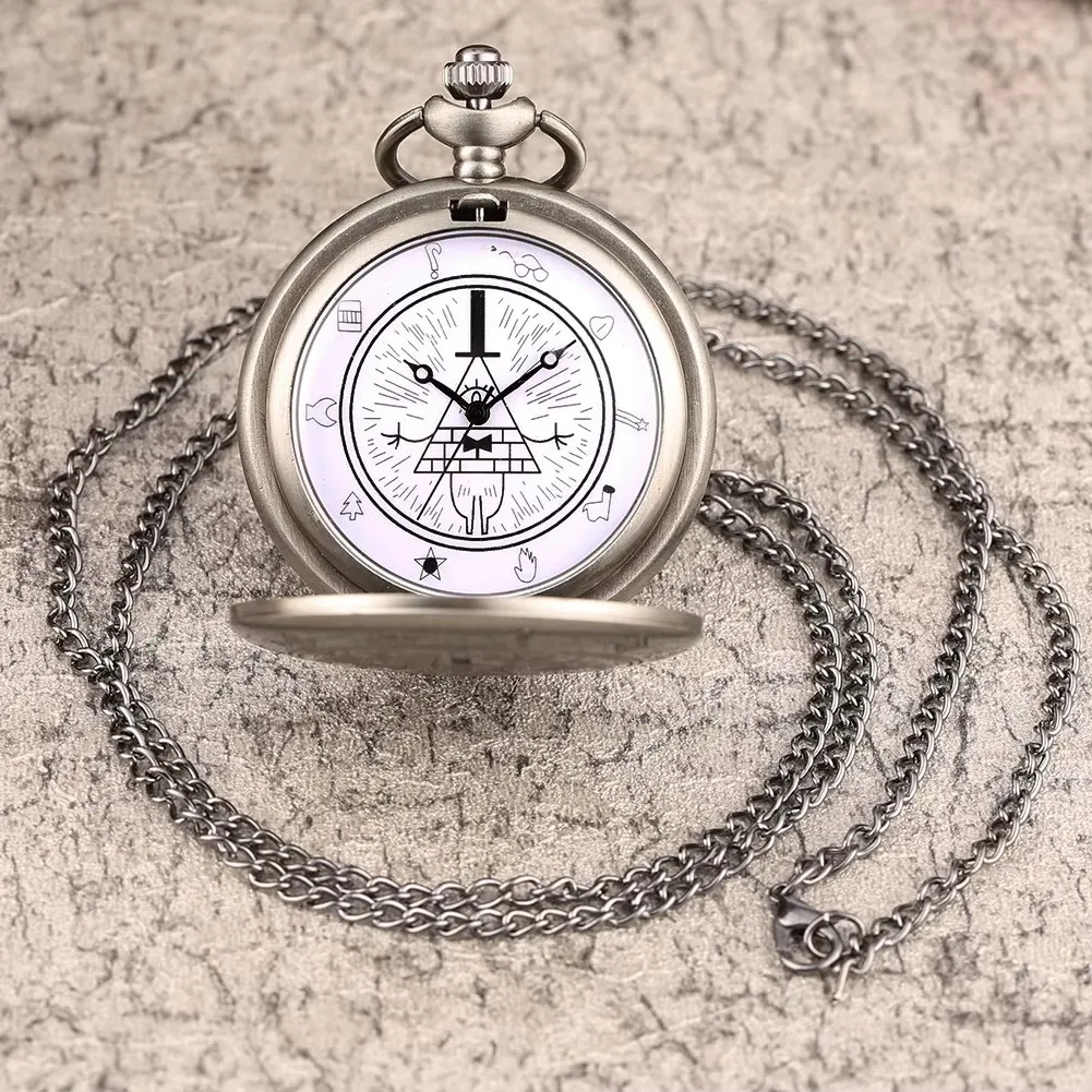 Collar de bronce Retro, cadena de joyería, reloj de cuarzo analógico Steampunk Bill Cipher Gravity Falls, reloj de bolsillo para regalo de hombre