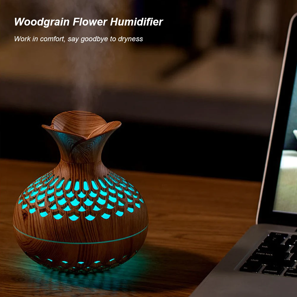 300 ml Luftbefeuchter mit Holzmaserung und Blumen, leiser Aromatherapie-Diffusor, wiederaufladbarer USB-Mini-Luftbefeuchter mit buntem Nachtlicht