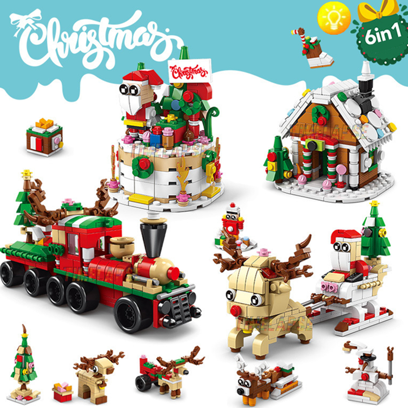 Juego de bloques de construcción de Navidad para niños, juguete de ladrillos para armar tienda de Arquitectura de tren de Santa Claus, alce, ciervo, árbol de Navidad, casa de nieve, 6 en 1