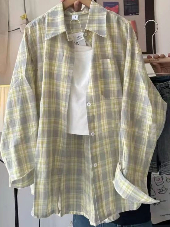 Csa de Manga Longa em Xadrez de Aodão 00% Puro Tamanho ande Fena Estilo Solto Moda Proteção Solar Estilo Artístico