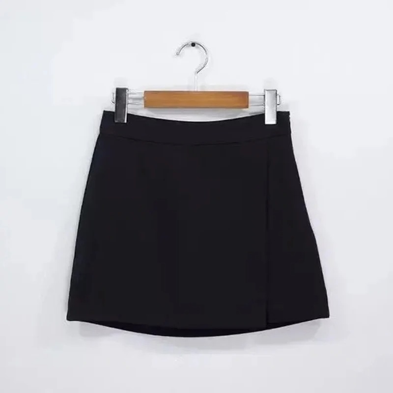 Mini jupes noires pour femmes, fentes latérales irrégulières, taille haute, ligne A, short, mode coréenne, Chic, jupe portefeuille aux hanches, été