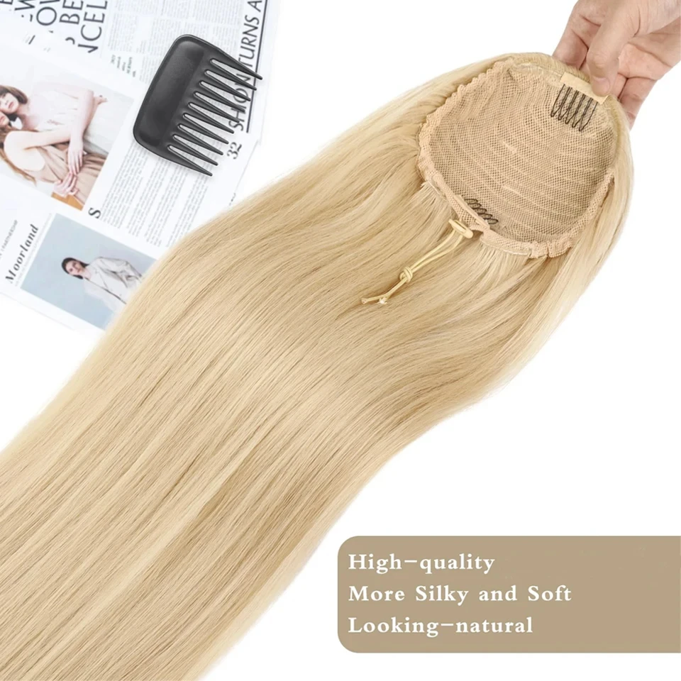 # Extensiones de cabello con cola de caballo con cordón recto Rubio 613, extensiones de cabello humano 100% sin procesar, 10-26 pulgadas, 120G para mujeres