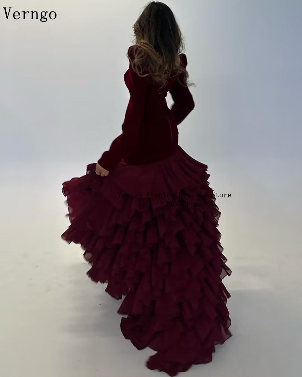 Verngo ブルゴーニュ ボルドー イブニング ドレス O ネック フルスリーブ ティアード プロムドレス アラビア フォーマル オケージョン ドレス カスタマイズ