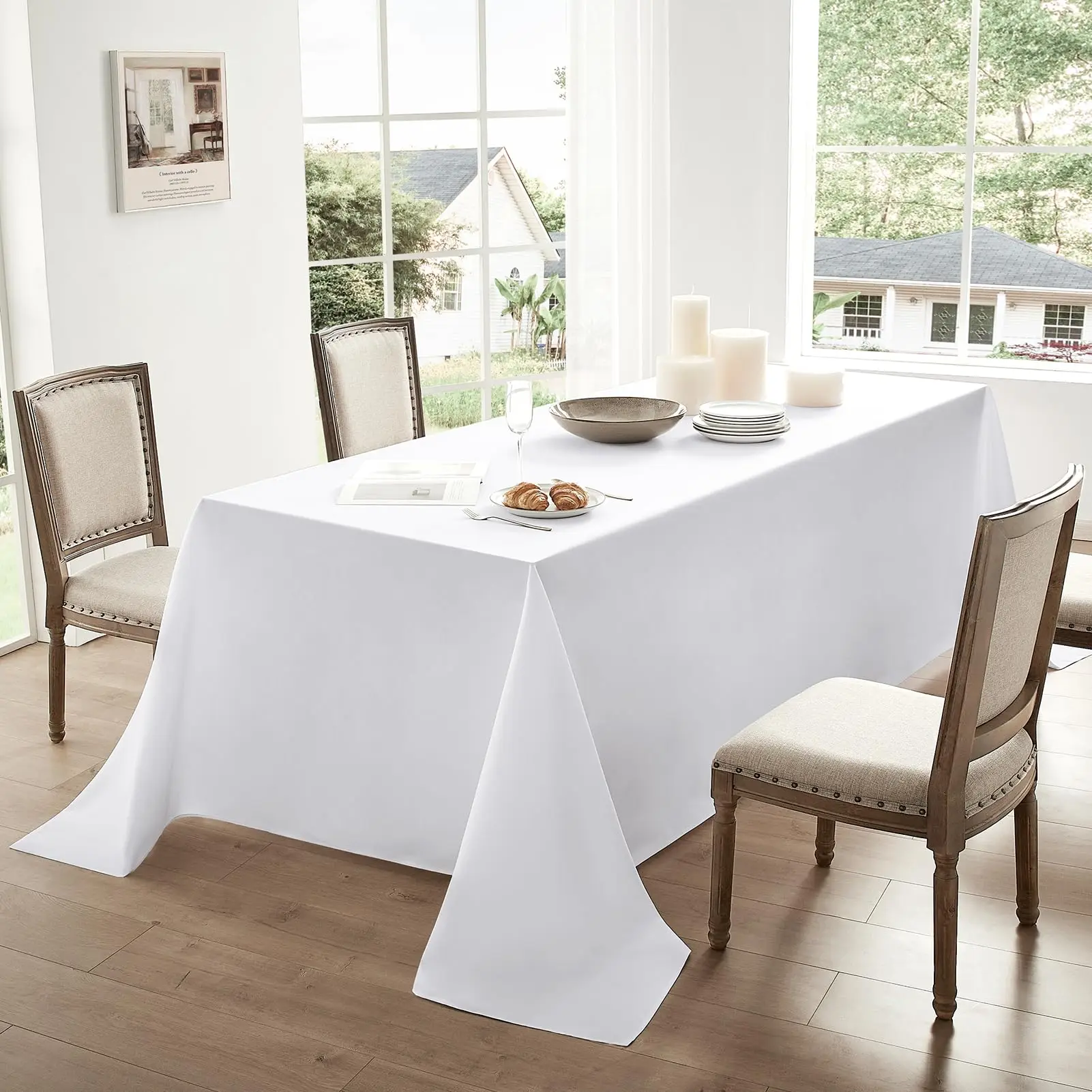 Mantel blanco resistente a las manchas, manteles rectangulares decorativos lavables de poliéster para mesa de comedor, fiestas y bodas