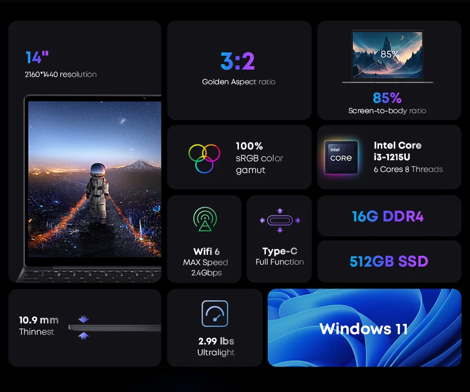 Laptop CHUWI CoreBook X Gaming Intel Core i3-1215U 6 rdzeni 8 wątków 16 GB RAM 512 GB SSD 14 cali FHD Windows 11 NoteBook PC Wifi6