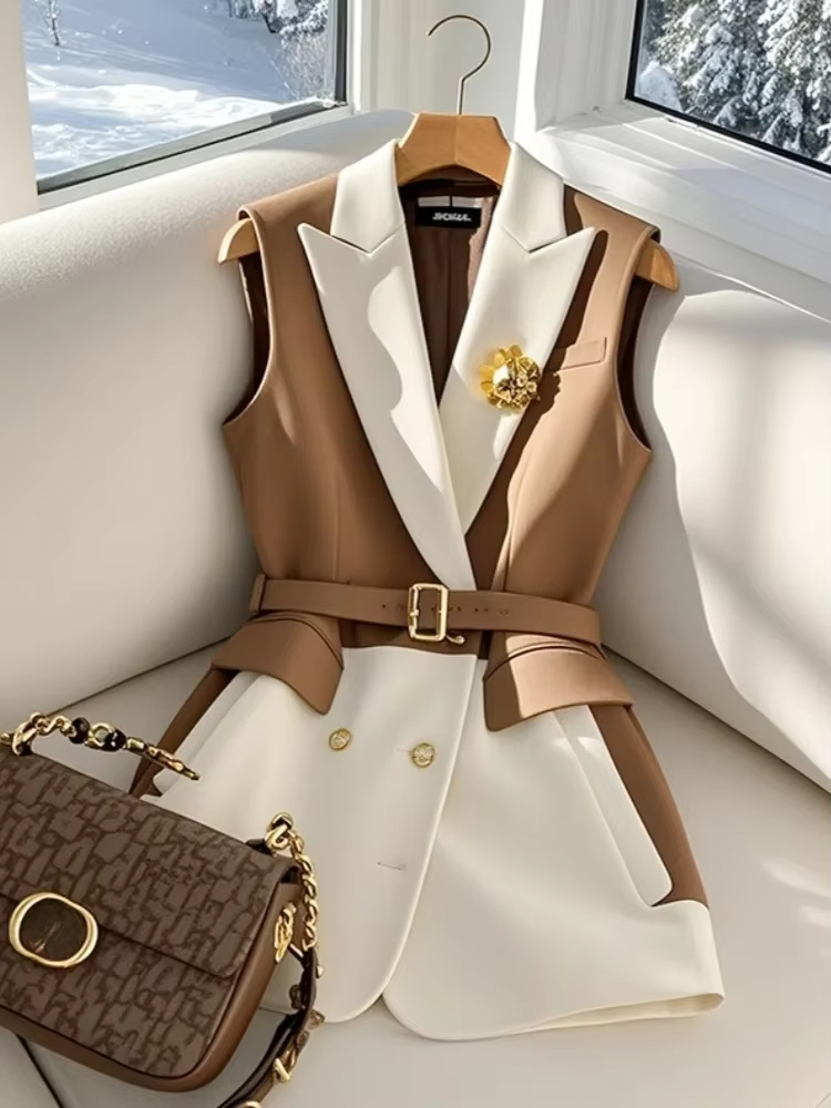 França moda senhora do escritório café blazers colete verão coreano sem mangas jaquetas com cinto feminino temperamento formal fino ajuste
