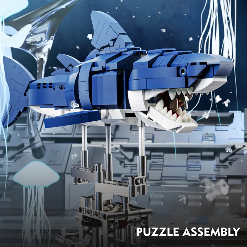 Creative STEM Educational Mechanical Shark Ocean Animal Electric Toy Building Blocks Model Set MOC Style Assembly Bricks for Kid