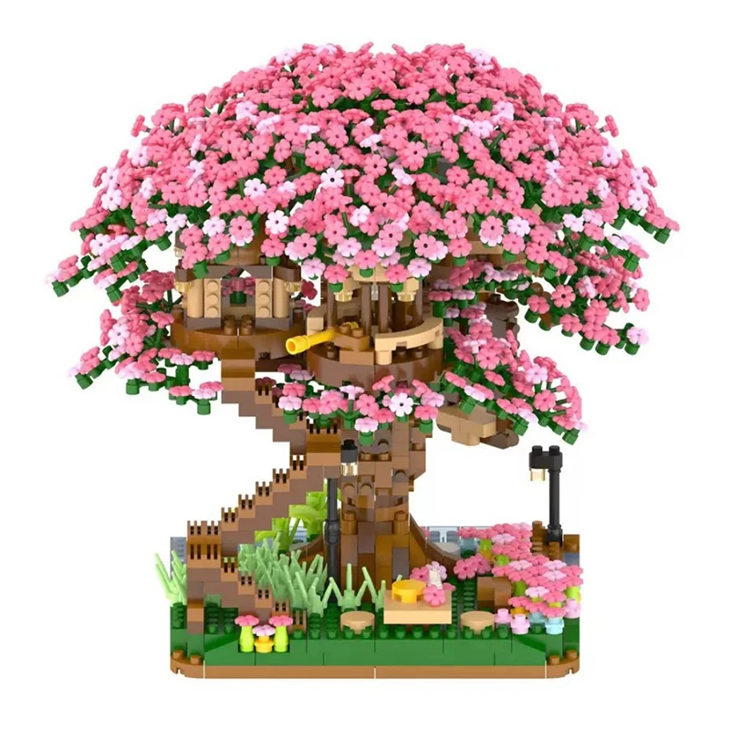 Sakura Tree Micro Blocks met LED-verlichting - Kersenbloesem Boomhut Model, 3D Romantisch Nachtgloed Decor, Doordacht Cadeau voor haar