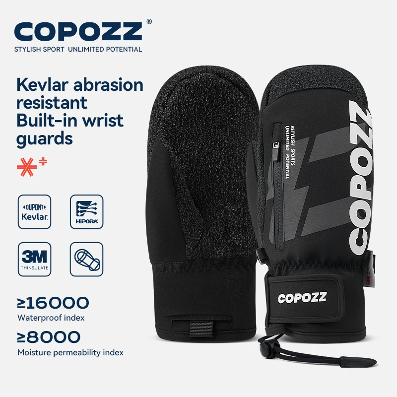 COPOZZ Winter-Skihandschuhe, Kevlar, verschleißfestes Material, Snowboard, Herren und Damen, Thermo-Schneehandschuh, Fäustlinge mit integriertem Handgelenkschutz