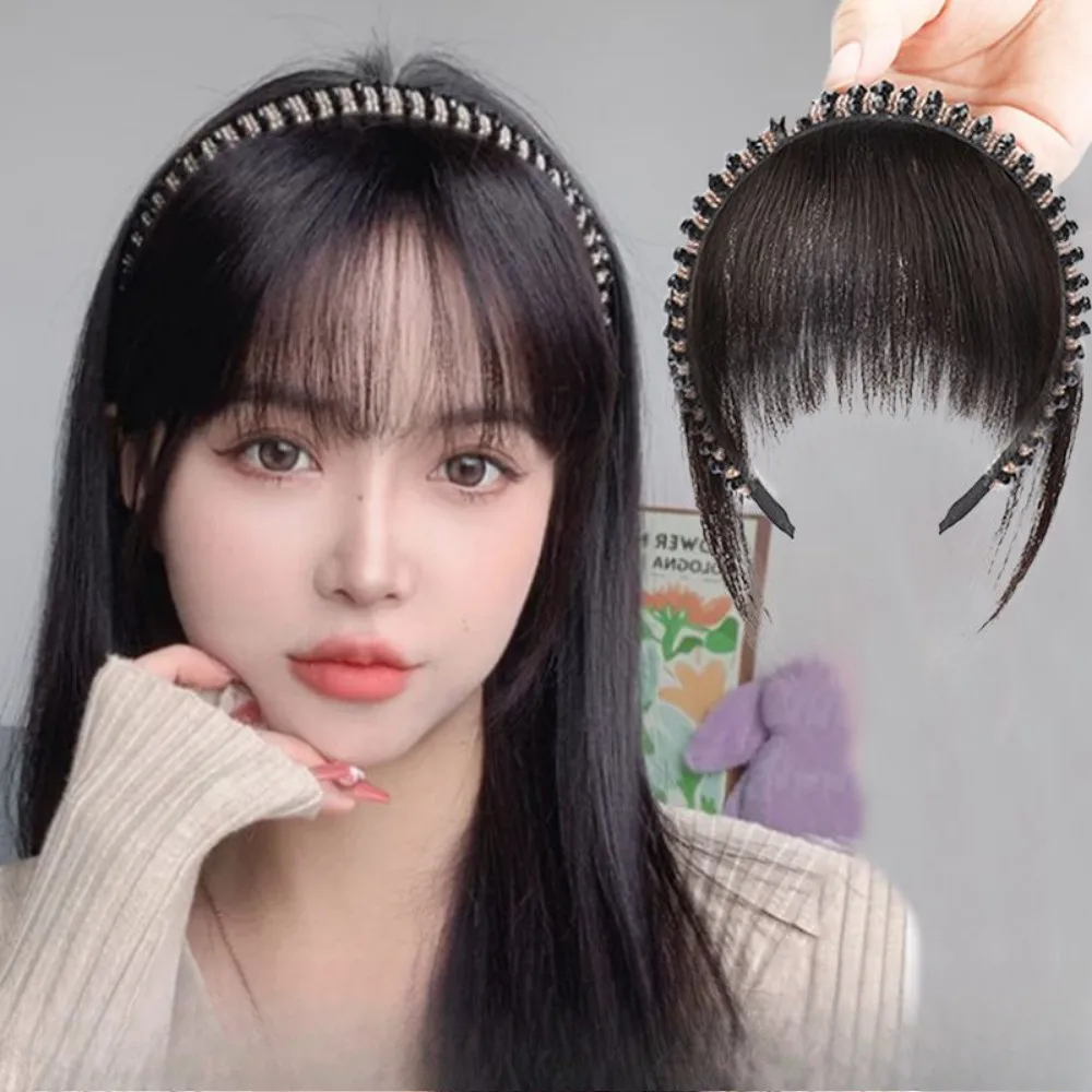 2-in-1-Kristall-Stirnband, natürlicher Pony, synthetische Perücke, Damen-Perücke im täglichen Stil, vielseitige, spurlose Extensions