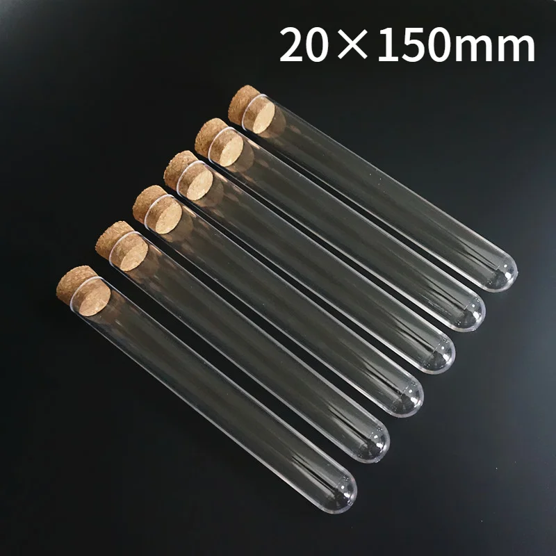 10 шт. до 100 шт. 20x150 мм прозрачные пластиковые пробирки с круглым дном и корковой пробкой для школы/лабораторной стеклянной посуды