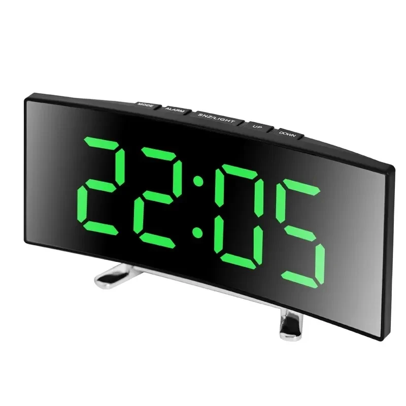Orologio elettronico curvo creativo, sveglia a specchio a doppio scopo con batteria plug-in a schermo grande a LED, dedicata alla camera da letto degli studenti