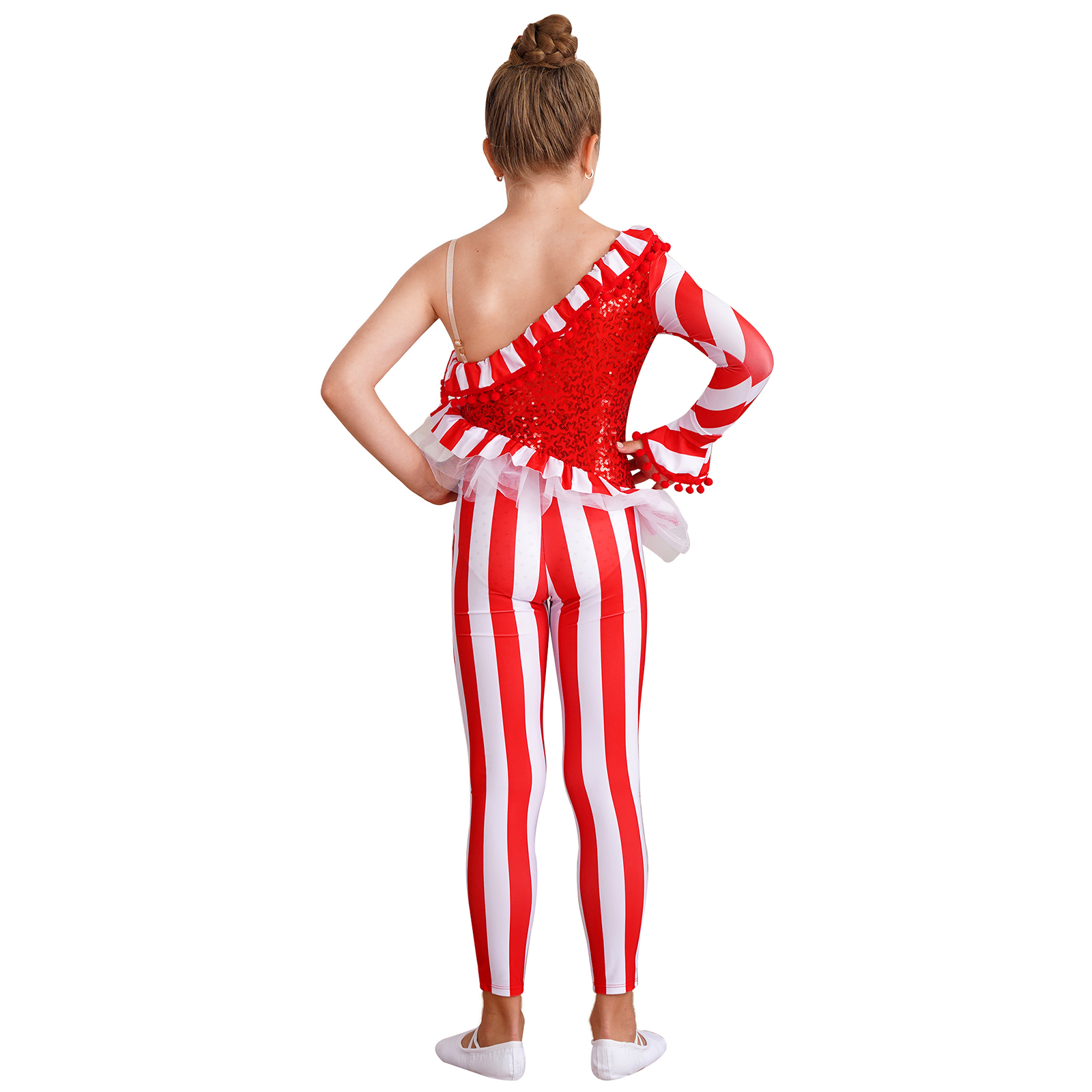 เด็กหญิง Candy Cane คริสต์มาสเต้นรำ Bodysuit Jumpsuit Unitard One ไหล่ Xmas Holiday Santa Sweetie เครื่องแต่งกาย Dancewear