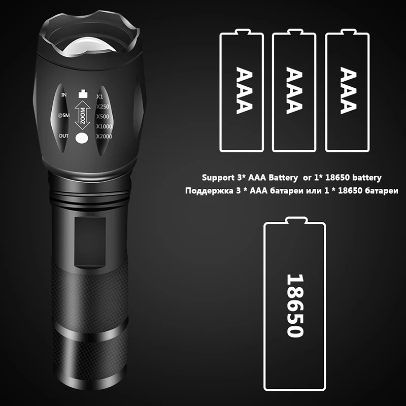 Linterna táctica LED de 8000 lúmenes, XM-L2 U3, portátil, de defensa personal, con zoom, 5 modos, ajustable, para acampar