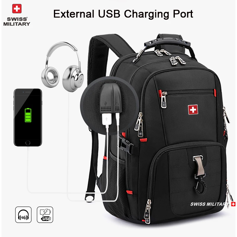 Nueva Mochila para ordenador portátil de 17 ", puerto de carga USB resistente al agua, Mochila multifuncional de estilo suizo, Mochila escolar, bolsa de viaje para senderismo