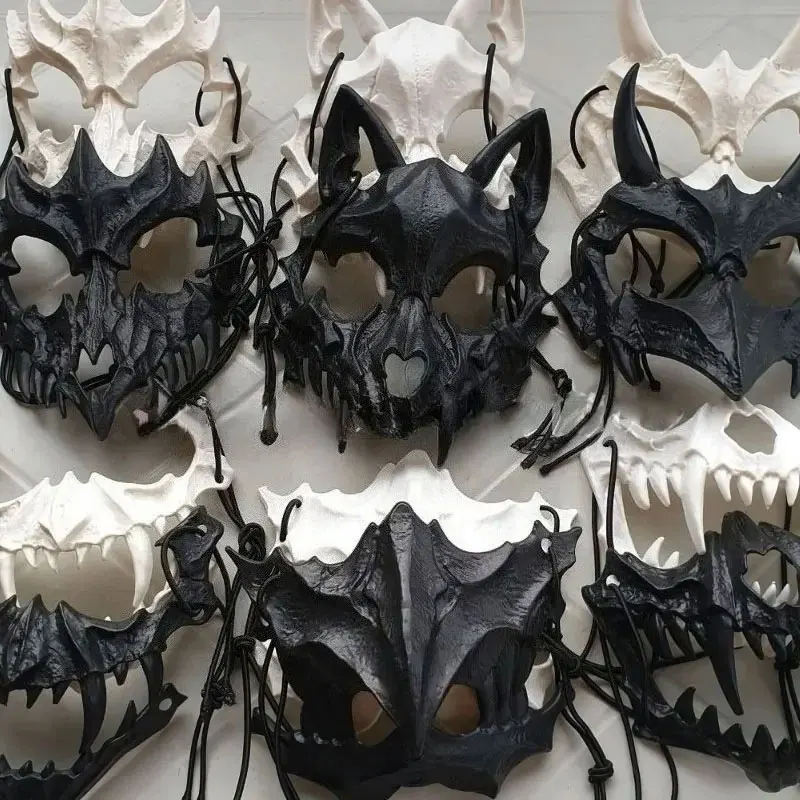 Party Skull Mask Long Teeth Demon Skeleton Half Face Mask Wolf Dragon Tiger Houjuu Nue Mask Cosplay Halloween Costume Props