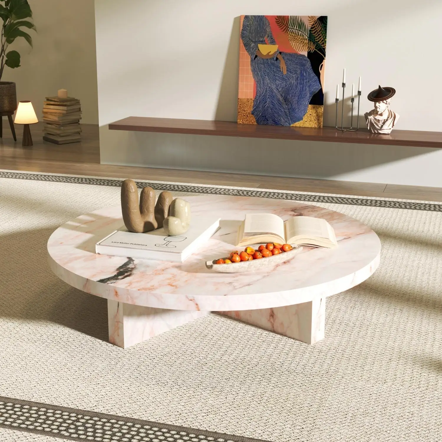 "Mesa de centro redonda de jade rosa – mesa lateral de ardósia de mármore de luxo para sala de estar espaçosa, mesa de chá de pedra sofisticada"