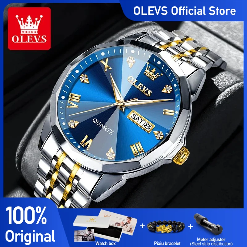 OLEVS Nam Đồng Hồ Hình Thoi Tráng Gương Ban Đầu Đồng Hồ Thạch Anh Cho Người Đàn Ông Chống Nước Dạ Quang Nữ Dây Thép Không Gỉ Nam Ngày Tuần