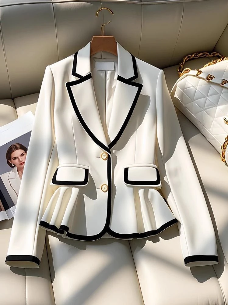 ภาษาฝรั่งเศสคํา Elegant Blazers Notched คอยาวแขนยาว Ruffles Contrast สีเสื้อฤดูใบไม้ผลิฤดูใบไม้ร่วงหญิง Slim Design เสื้อผ้าผู้หญิง