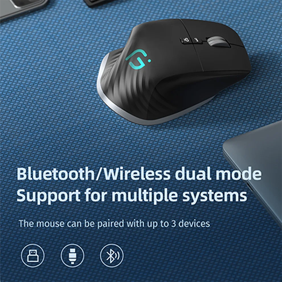 JOMAA-Mouse Preto Sem Fio, 2.4G, Bluetooth, RGB, Recarregável, Design Ergonômico, Computador, Jogos, Escritório