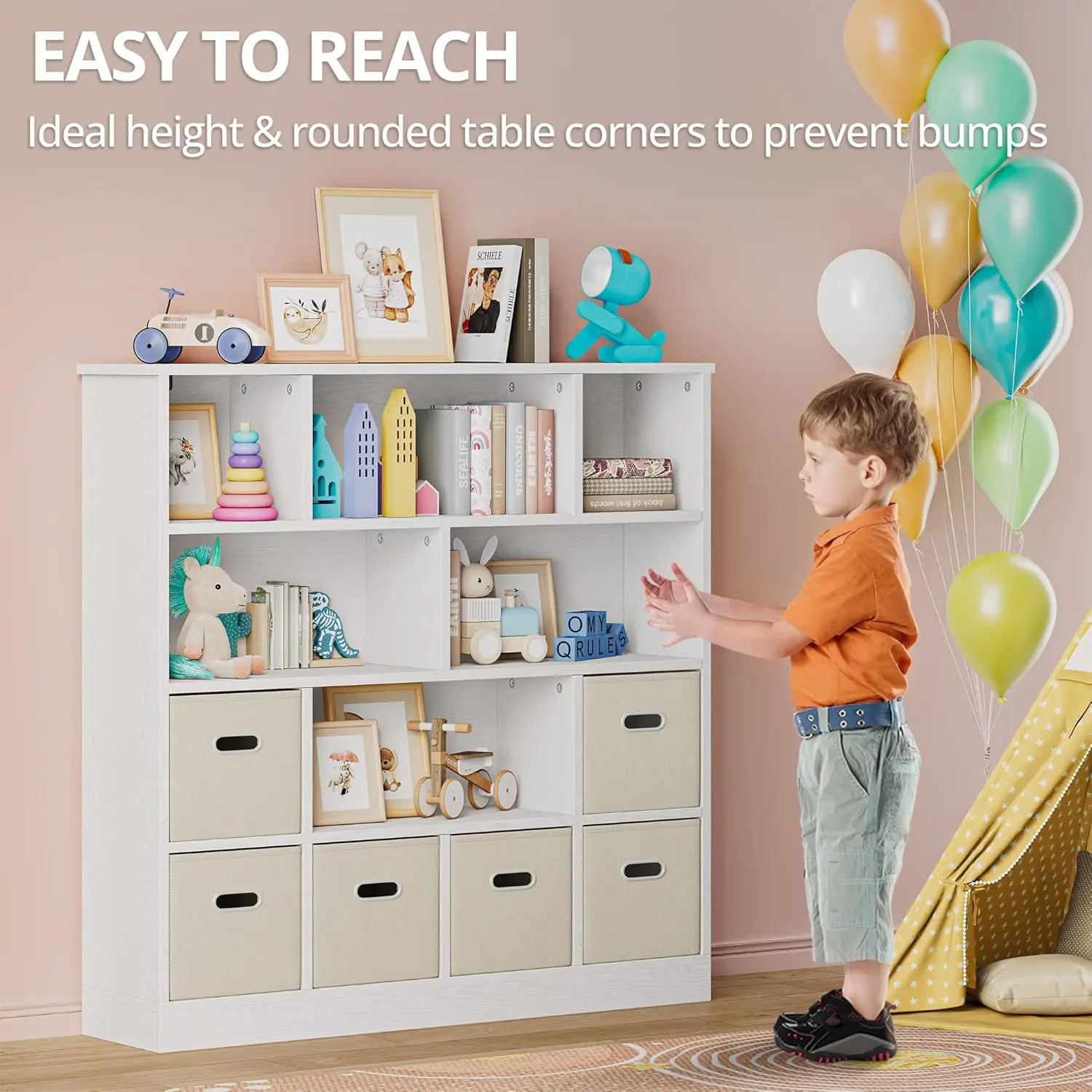 IRONCK Wooden 12-Cube Storage Organizer Shelf with 6 Bins, Toy Storage and Bookshelf, 3-Tier Open Bookcase Cubby for Kids, Beige