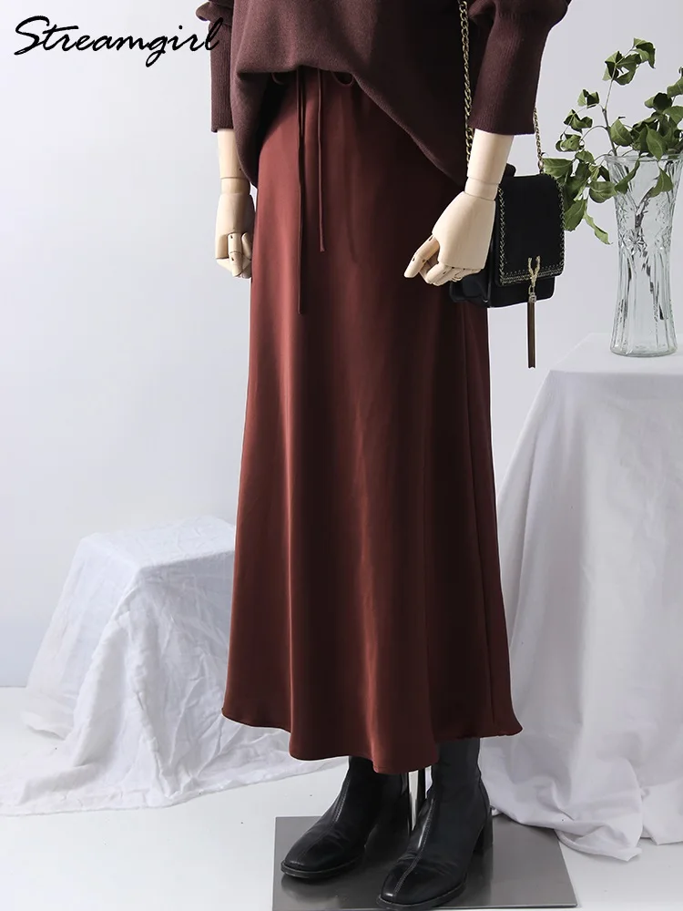 Gonne lunghe in raso marrone da donna per lavoro primavera autunno gonna nera dritta gonna lunga in seta lucida formale caffè per donna