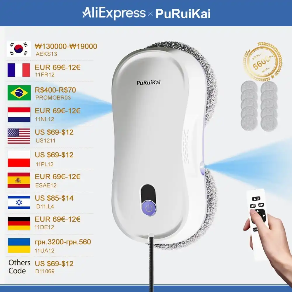 PuRuiKai Robot de limpieza de ventanas automático con doble pulverización automática 5600Pa succión Control remoto detección de bordes para el hogar