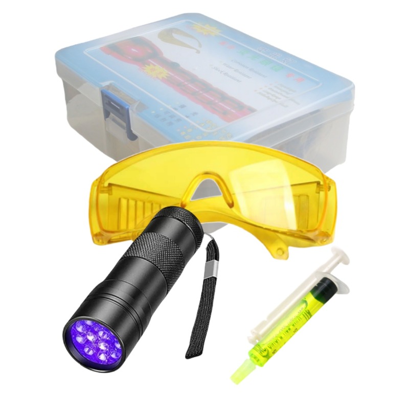Kit de Detector de prueba de fugas de sistema A/C de aire acondicionado de coche, linterna UV de 12 LED, gafas protectoras, juego de herramientas de tinte UV
