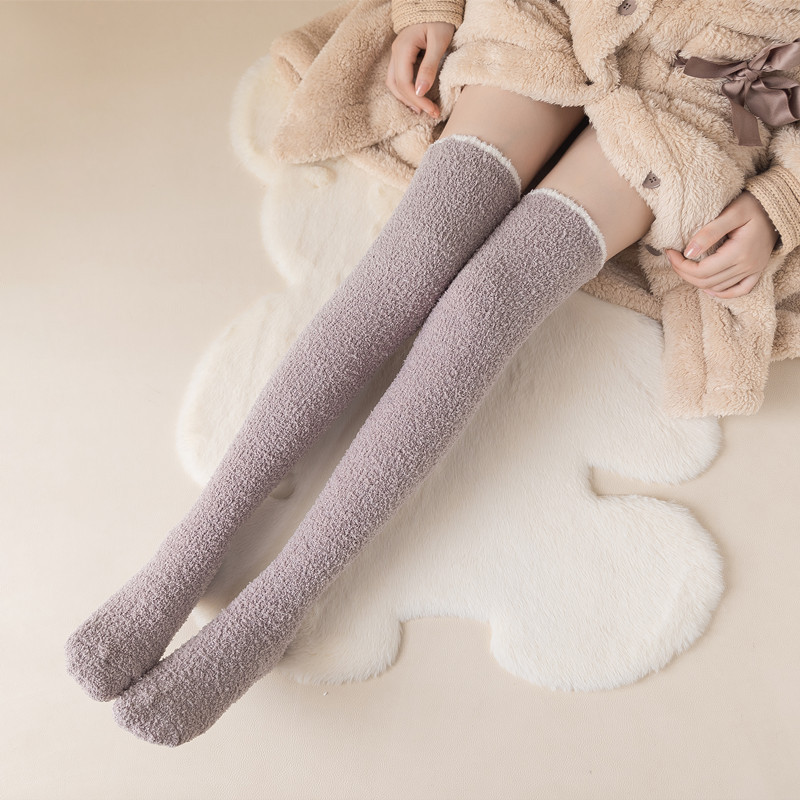 1 par feminino quente de pelúcia coxa meias altas inverno coral velo sobre o joelho meias longas para casa sono ue 35-40 cores sólidas