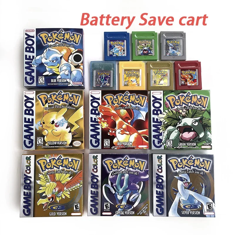 Batterie-Sparwagen Pokemon Kristall Gold Blau Grün Rot Silber Gelb Innenfach Option Spielkassette Handbuch in Box für GBC