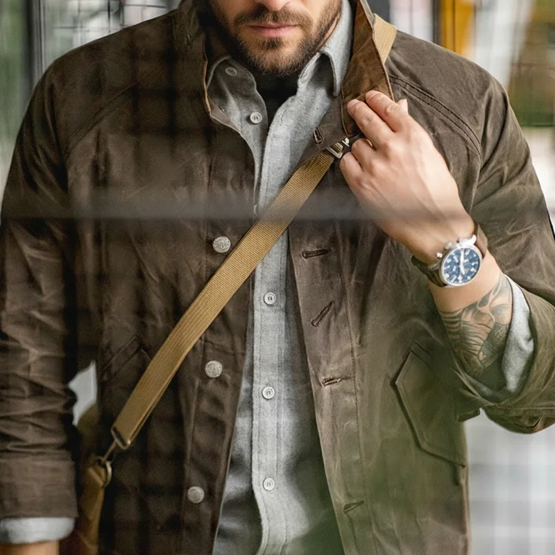 Maden Vintage Stehkragen Ölgewachste Jacke III Version für Herren Wasserdichter Canvas Einfarbiger klassischer Jagdmantel für den Herbst