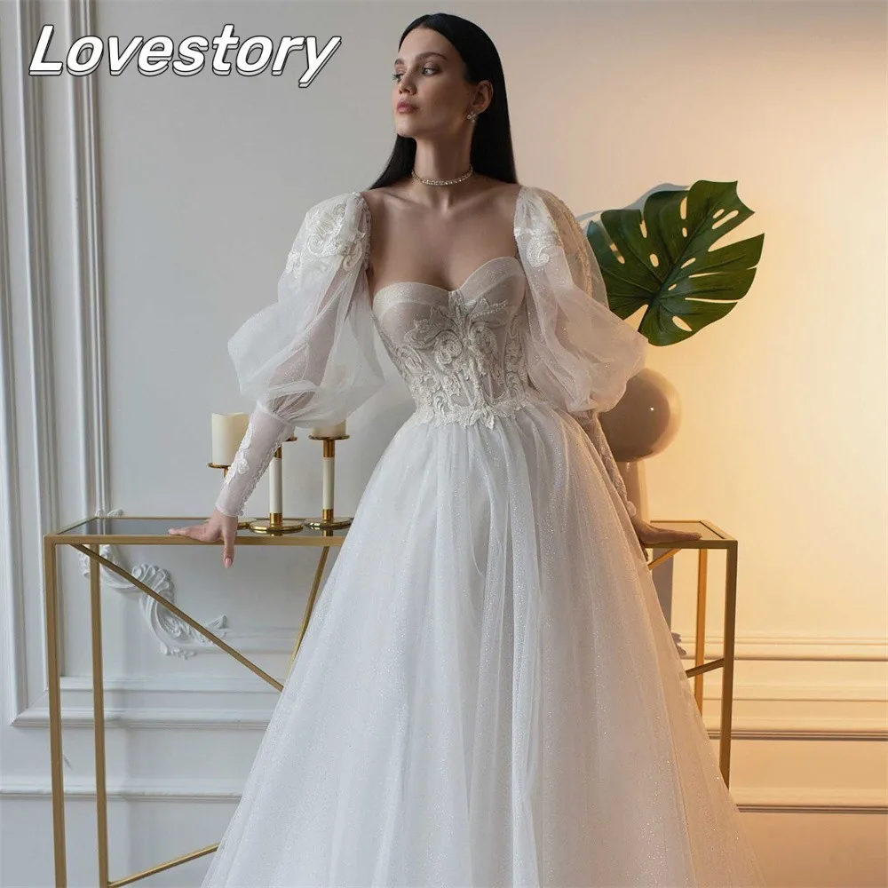 Sexy Schatz Hals A-Linie Brautkleider lange Puff ärmel Braut Robe sexy rücken freie Brautkleid Applikationen vestidos de noiva