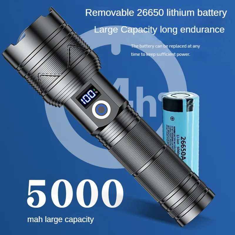 Linterna de luz fuerte, linterna LEP de larga distancia, carga USB, Zoom telescópico de emergencia para exteriores, antorcha superbrillante
