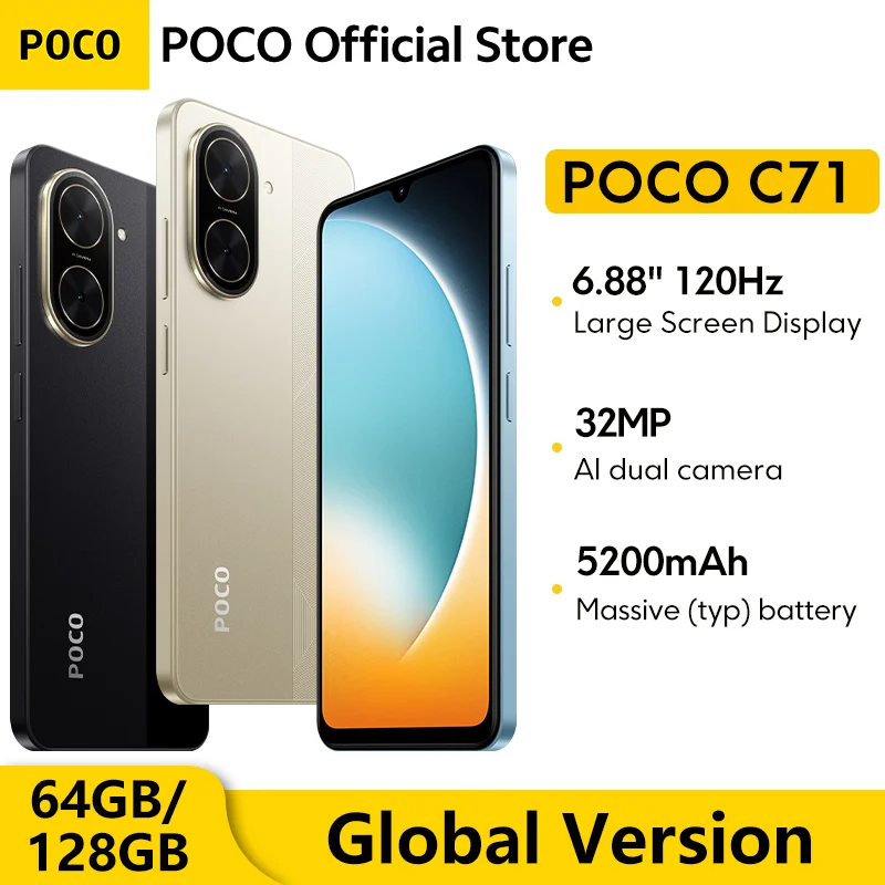 Versão global poco c71 unisoc t7250 processador imersivo 6.88 "display 32mp al câmera dupla 15w carregamento 5200mah bateria