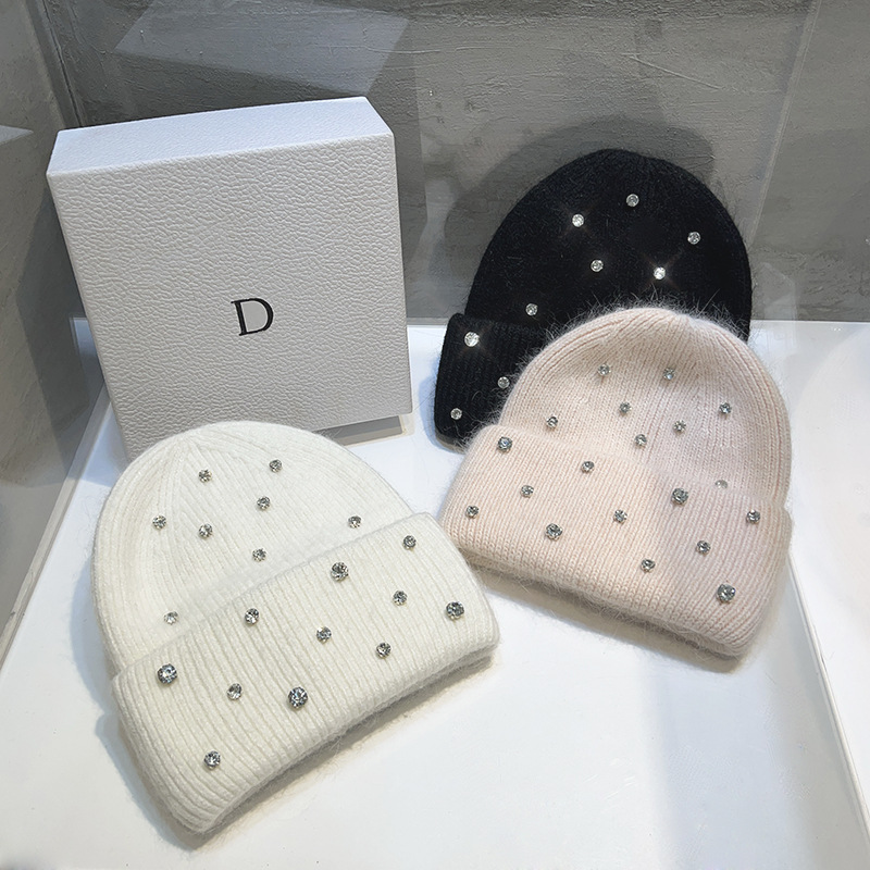 Luxus Strass Perlen Gestrickte Hut Koreanische Frauen Kaninchen Fell Wolle Skullies Kappe Winter Mode Verdickt Warme Motorhaube Beaniees