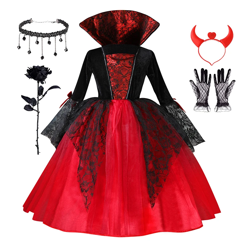 Mädchen Vampir Halloween Kleid für Kind Geisterbraut Gothic Cosplay Vampir Kostüm Graf Vampiran Karneval Outfit Schwarz Rote Kleidung