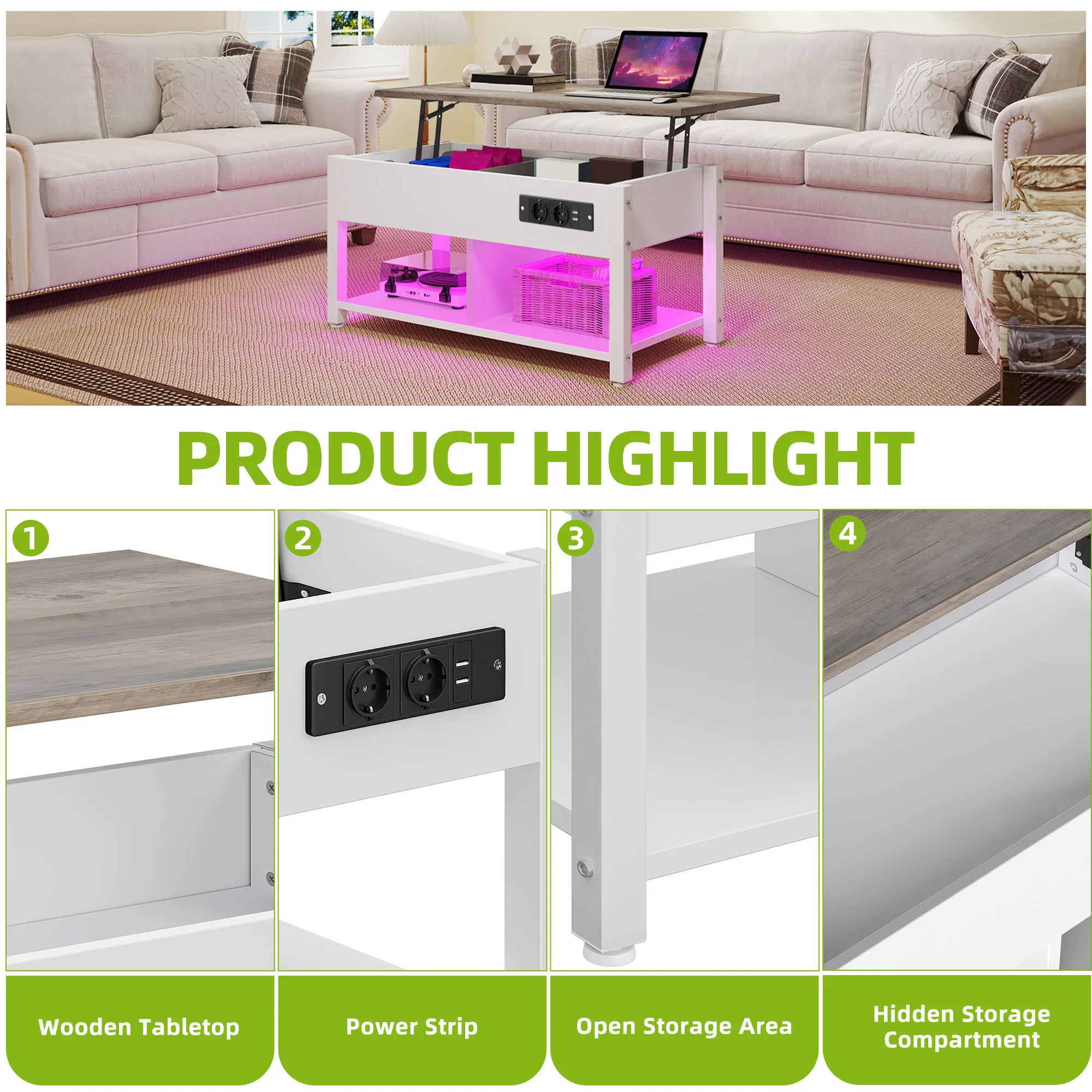 Mesa elevatória branca/cinza YITAHOME – altura ajustável com 2 níveis de armazenamento e compartimento LED oculto