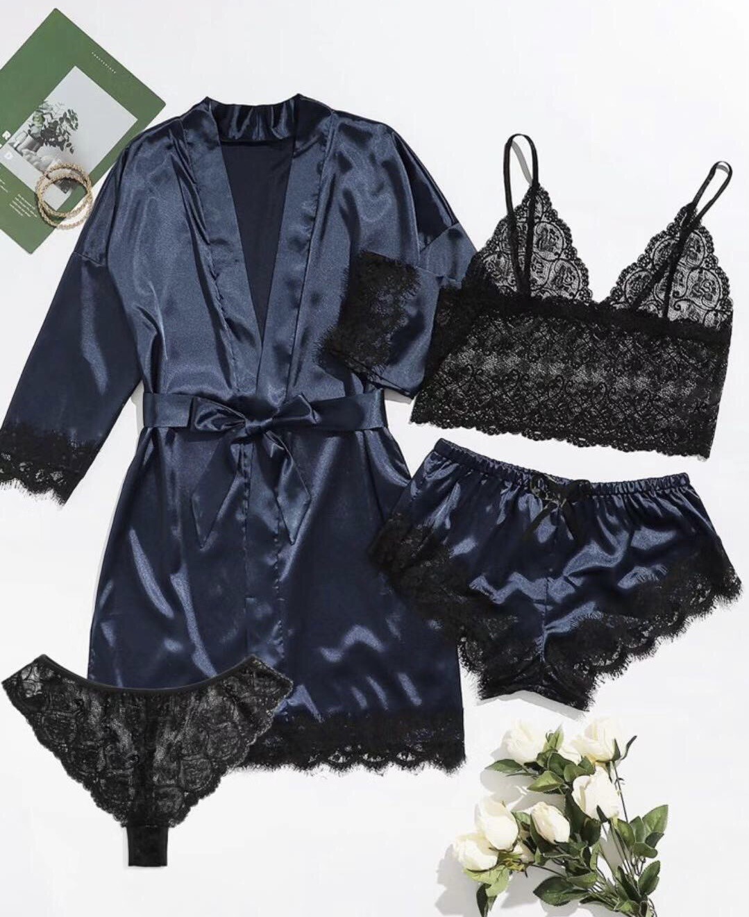 Novos conjuntos de pijama feminino para dormir, conjunto europeu americano de 4 peças com suspensório de cetim de renda, conjunto de verão para dormir