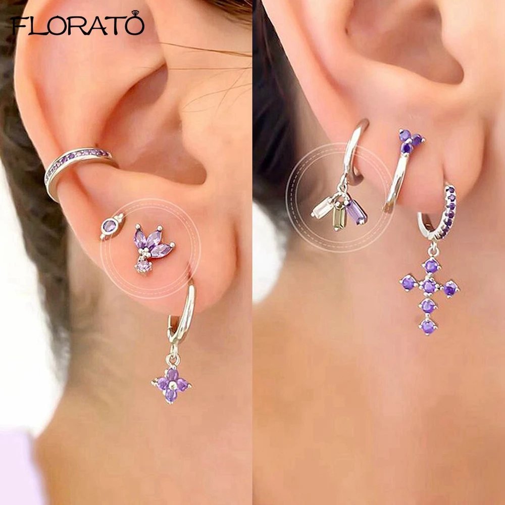Pendientes morados elegantes con aguja de Plata de Ley 925, exquisitos pendientes de aro pequeños para mujer, accesorios de joyería de punción a la moda
