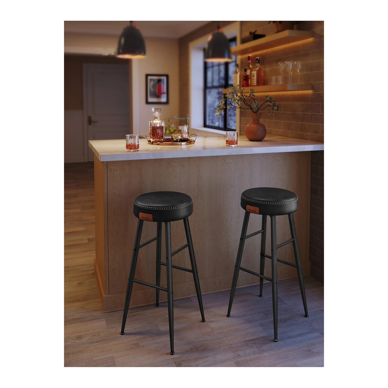 VASAGLE EKHO Colección - Juego de 2 Taburetes de Bar, Taburetes de Cocina, Taburetes de Desayuno, Cuero Sintético con Costuras, 76,2 cm de Alto, Silla Comedor, Fácil Montaje, Negro Tinta/Verde Bosque/Marrón Caramelo