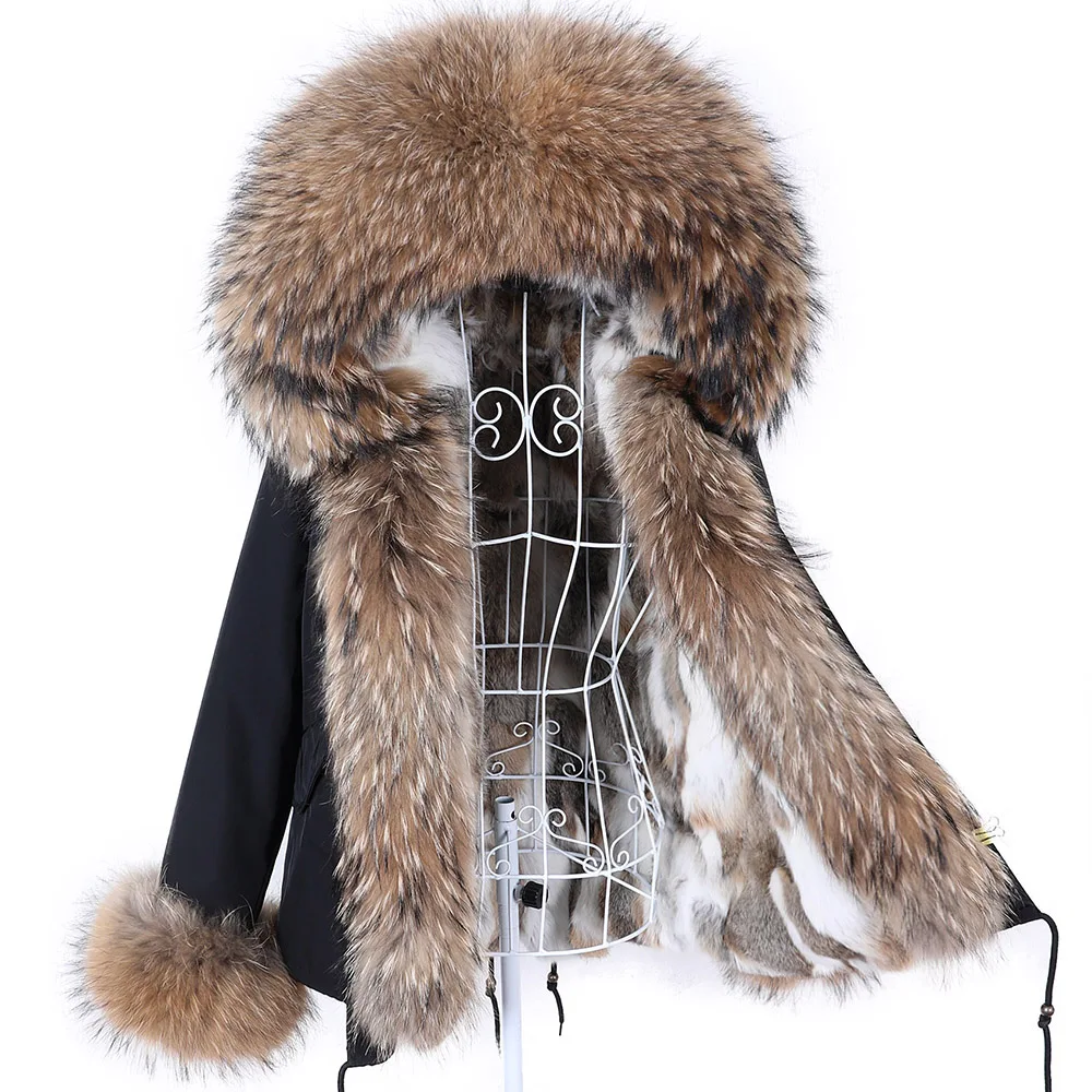 2024 Maomaokong Neue Frauen Winter Pelzmantel Kaninchen Futter Jacke Natürliche Echt Waschbären Kragen Parka Fuchs Pelz Kurze Weibliche Kleidung