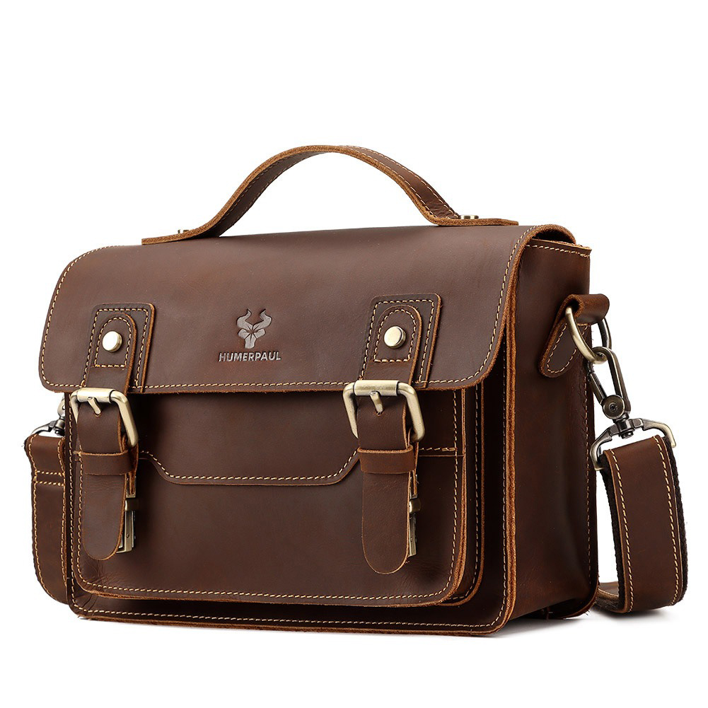 Bandolera de cuero Vintage de Caballo Loco para hombre, bolso pequeño marrón con solapa, bandolera de cuero genuino, bolso de regalo para cámara de cuero de vaca
