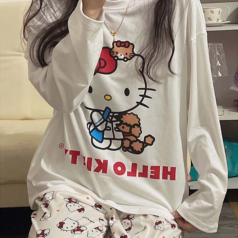 Kawaii Sanrios Hello Kitty Damen Pyjama Set Anime Cartoon Studenten Herbst Winter Polyester Langarm Mädchen Nachtwäsche Geschenk