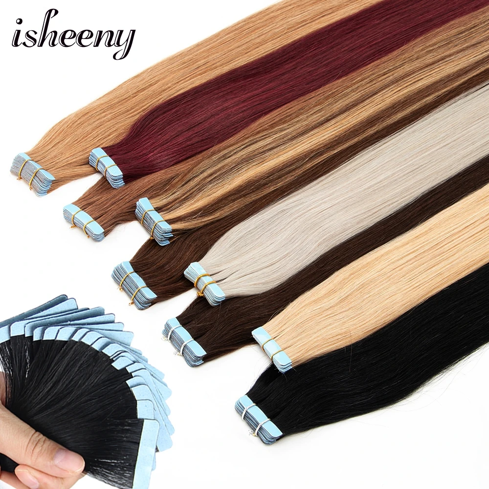 Isheeny – Extensions de cheveux naturels européens Remy, 18 pouces, 1.8g, Mini bande adhésive, 10 pièces