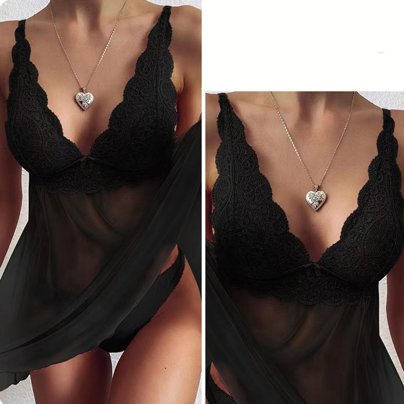 Sexy Nightdress Lace Transparent Lingerie For Women Deep V Sleepwear Sleeveless Babydoll Female Underwear Nightgowns Sleepdress