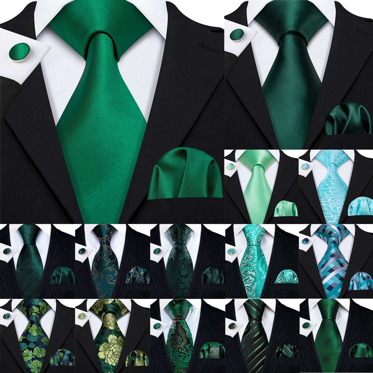 Barry.Wang Green Silk Mens Tie Hanky Cufflinks Set Mint Grass Teal Bottle Sage Pea Green Necktie For Male Wedding Business Party