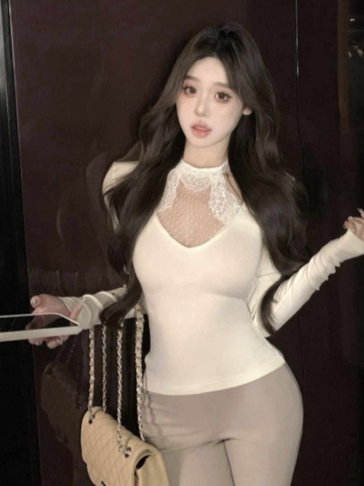 ソフトレース長袖ニットベースレイヤーインナーウェアアウター Tシャツ女性の冬の純粋な欲望スパイシーガールトップボトムアンサンブル