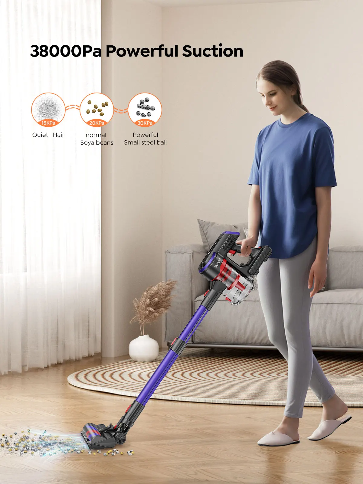 Aspirador sem fio Buture JR400 com tela sensível ao toque, eletrodoméstico inteligente portátil, tapetes e cabelos, 38000Pa, 450W, 55 Mins
