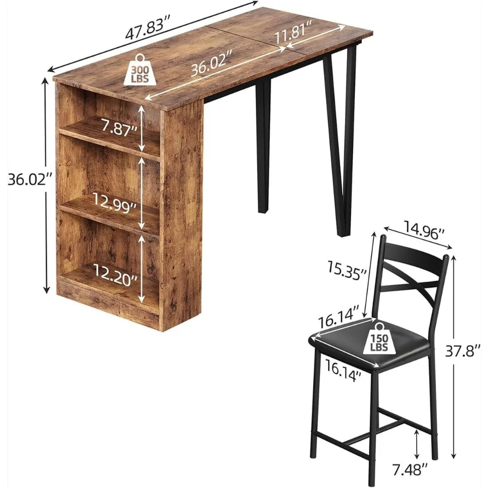 Dining Table Set for 2, 16" Wide Cushions for Comfortable Seating, Bar Table and Chairs with Flip Top Extension, Suitable