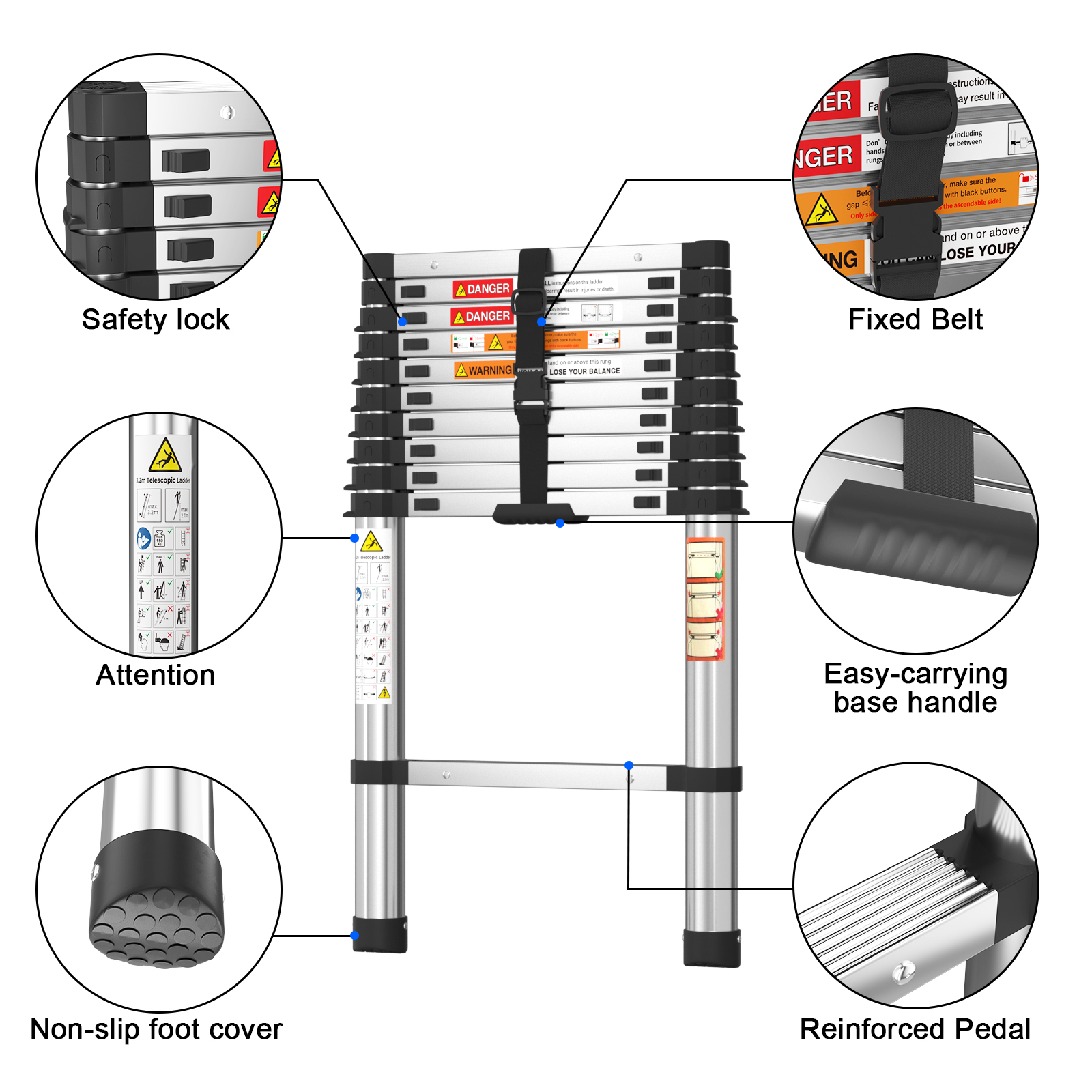 3.2m Telescopic Ladder Stainless Steel Convenient Extendable Folding Ladder,Easy To Carry, Suitable For Pulling Walls, Changing